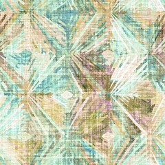 Fototapeta premium Rustic mottled linen woven texture. Seamless printed fabric pattern. Tropical pastel coastal style. Interior textile background. Mottled colorful peach green dye stains. Soft rustic summer home decor 