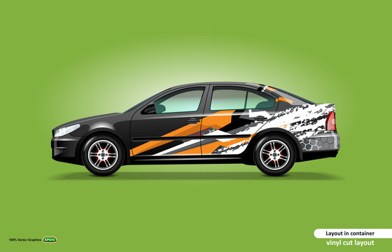 Car Decal Wrap Design With Abstract Orange Stripe Theme On Black Sedan Car.