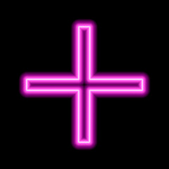 Obraz premium Pink neon cross on a black background. One object. Plus sign