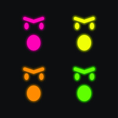 Angry Emoticon Face With Opened Mouth In Rounded Square Outline four color glowing neon vector icon