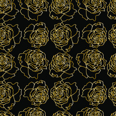 Modèle vectorielle continue avec des fleurs roses dorées sur fond noir isolé. Imprimé festif et botanique dans un style doodle dessiné à la main. Conception pour papier d& 39 emballage, textiles, emballage, tissu, médias sociaux, web.