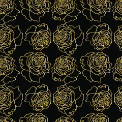 Gordijnen Naadloze vector patroon met goud roze bloemen op zwarte geïsoleerde achtergrond. Feestelijke, botanische print in doodle stijl hand getrokken. Ontwerp voor inpakpapier, textiel, verpakking, stof, sociale media, web. © Мария Минина