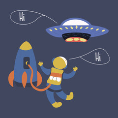 Meeting of astronaut and UFO in space. Friendly greeting. Flying saucer and rocket. Colorful vector hand drawn illustration. Travel in a spaceship to the universe