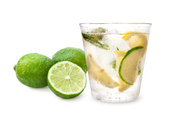 Glass with lemon, lime, rosemary, ice and soda water on white background.