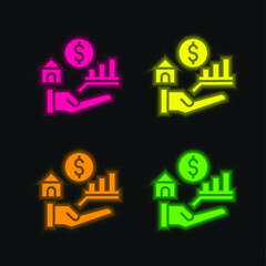 Benefits four color glowing neon vector icon