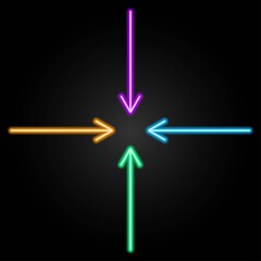 Arrows to the center neon sign, modern glowing banner design, colorful modern design trends on black background. Vector illustration.