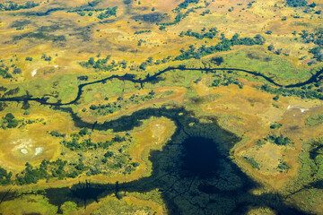 Aerial view of rivers, streams and grasslands in Okavango Delta, Botswana, Africa.