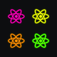 Atom Symbol four color glowing neon vector icon