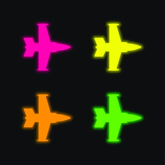 Obraz premium Airplane Silhouette four color glowing neon vector icon