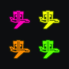 Airplane four color glowing neon vector icon
