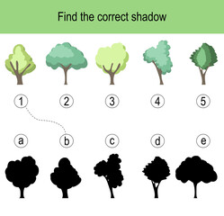 Fototapeta premium Find the correct shadow puzzle with different trees. Illustration can be used as logic game for children.