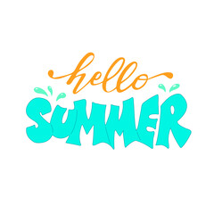 Hello Summer Season Vector, Clip Art, Fashionable textures. Calling season, weekend, holiday logo, wallpaper. Orange and light blue letters with water drops.  Happy summer day. Summer vector text of t