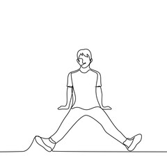 man sits on the floor with his legs wide apart to the sides of his arms behind his back - one line drawing. guy watching the viewer sitting on the floor in a cute spontaneous pose