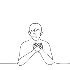 man put both palms on his heart his head lowered to the bottom - one line drawing vector. concept to listen to the heart, heart attack, be kind, man in love