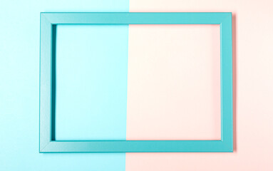 Picture frame design with shadow on pastel pink and blue background