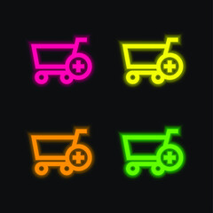 Add To Shopping Cart E Commerce Button four color glowing neon vector icon