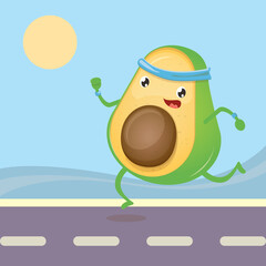 Cartoon avocado running or jogging in park. Cute sporty healthy food character making sport exercise. Fitness concept