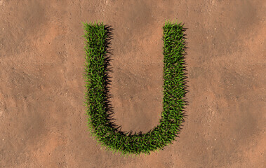 Concept conceptual green summer lawn grass symbol shape on brown soil or earth background, font of U. 3d illustration metaphor for nature, conservation, organic, growth, environment, ecology, spring