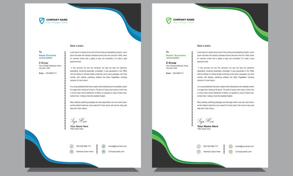 Unique simple official modern company creative professional clean corporate business style letterhead design template suitable for all businesses with blue, green and black colors.