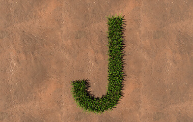 Concept conceptual green summer lawn grass symbol shape on brown soil or earth background, font of J. 3d illustration metaphor for nature, conservation, organic, growth, environment, ecology, spring
