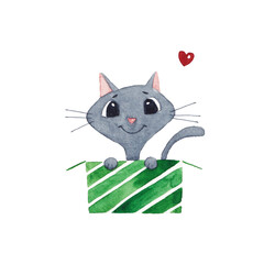 Cute grey cat in a stripy green box. Watercolour illustration. Christmas card