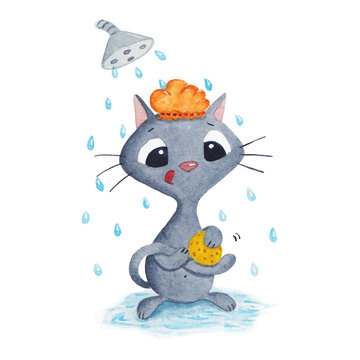 Cute grey cat taking a shower in an orange shower cap. Watercolour illustration