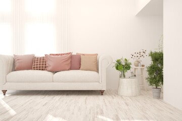 Soft color living room with sofa. Scandinavian interior design. 3D illustration