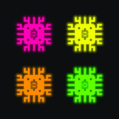 Bitcoin four color glowing neon vector icon