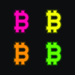 Bitcoin four color glowing neon vector icon