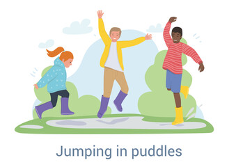 Three joyful young kids jumping in puddles after rain