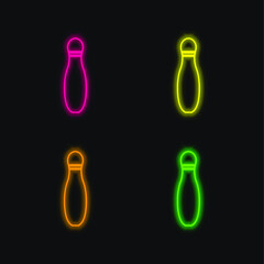 Bowling Pin Outline four color glowing neon vector icon
