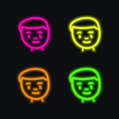 Boy Hand Drawn Face four color glowing neon vector icon