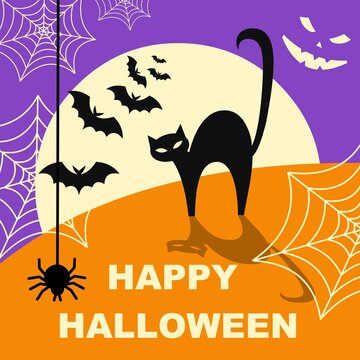 Happy Halloween background. Black cat, bats, spider and cobweb on an orange and purple background. Flat image.