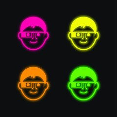 Boy With Google Glasses four color glowing neon vector icon