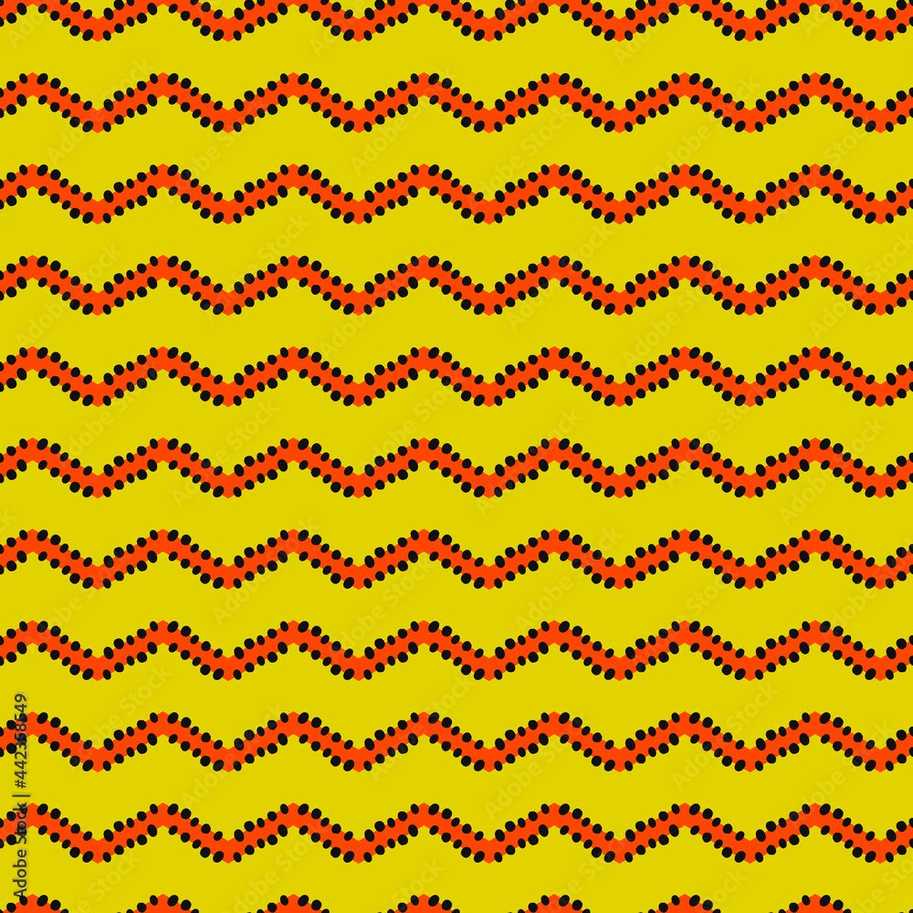 Poster yellow background and red waves. vector seamless wallpaper with wavy stripes.