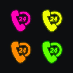 24 Hours Phone Shopping Support four color glowing neon vector icon