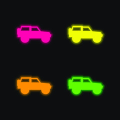 4x4 Adventure Sportive Transport Side View four color glowing neon vector icon