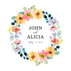 Save the date. Colorful floral wreath with watercolor