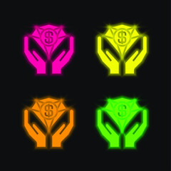 Benefits four color glowing neon vector icon