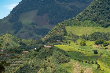 Natural landscape and view of the Basilica of the Immaculate Conception. Jardin, Antioquia, Colombia.