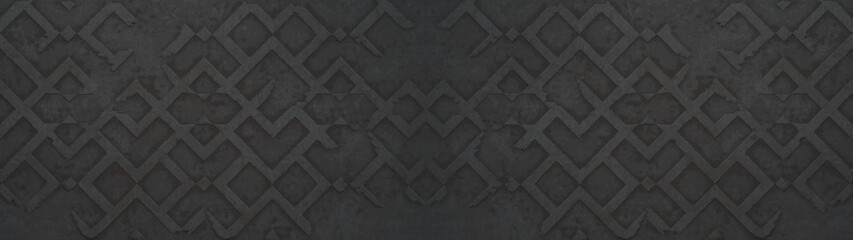 Old black anthracite gray grey worn grunge vintage shabby mosaic tiles wallpaper stone concrete cement wall texture background banner, with 3D damaged rhombus diamond rue lozenge square print