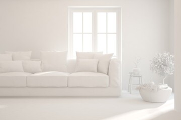 Mock up of stylish room in white color with sofa. Scandinavian interior design. 3D illustration