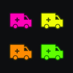 Ambulance Silhouette four color glowing neon vector icon