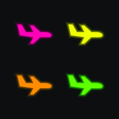 Obraz premium Aeroplane Flying four color glowing neon vector icon