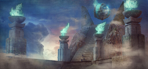 Naklejka premium 3D Illustration of a fantasy alien temple with a large mysterious object emitting glowing flames - digital fantasy painting