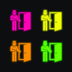 Bell Boy four color glowing neon vector icon