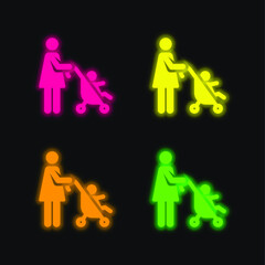 Baby Stroller four color glowing neon vector icon