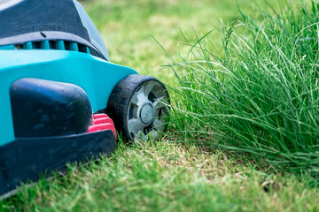 Lawn mower cutting green grass