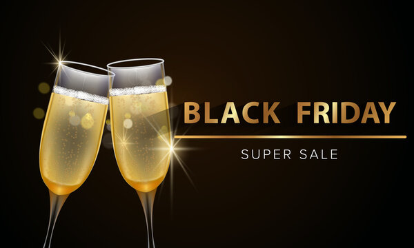 Black friday sale promotion banner with gold glitter and champagne groceries
