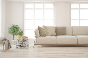 Soft color living room with sofa. Scandinavian interior design. 3D illustration